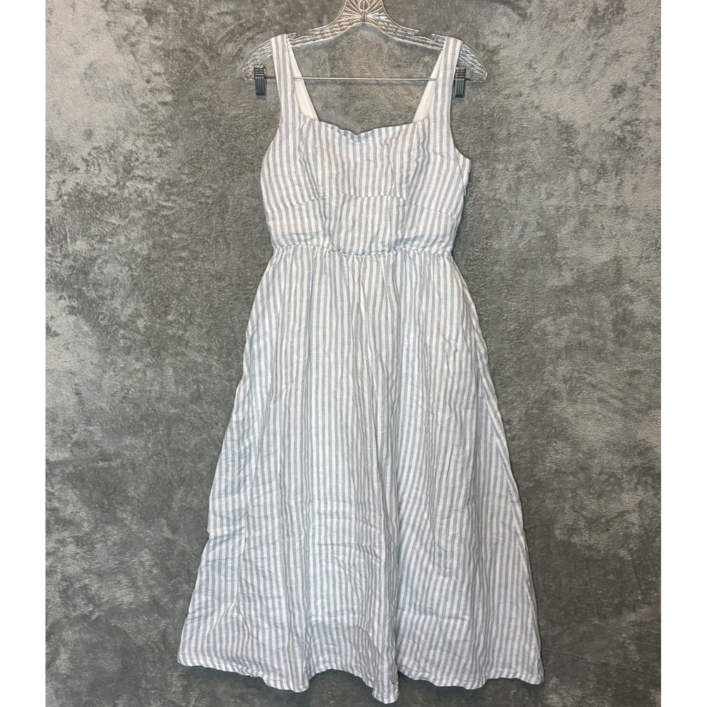 Quince Women European Linen Fit Flare Mid Dress S Sky Blue Mariner Striped